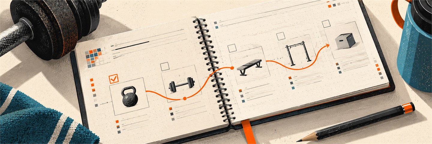 An open workout planner beside weights, a water bottle, and a training towel.
