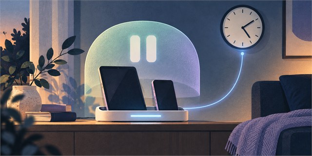 Illustration of devices resting in a charging dock during a shared pause.